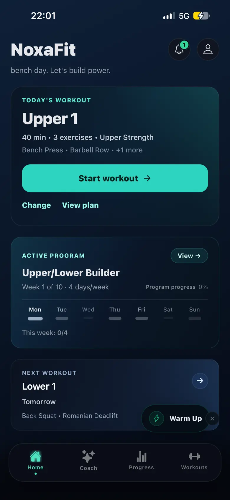NoxaFit Home screen: today's workout, Upper 1, with a Start workout button, and the active Upper/Lower Builder program at week 1 of 10.