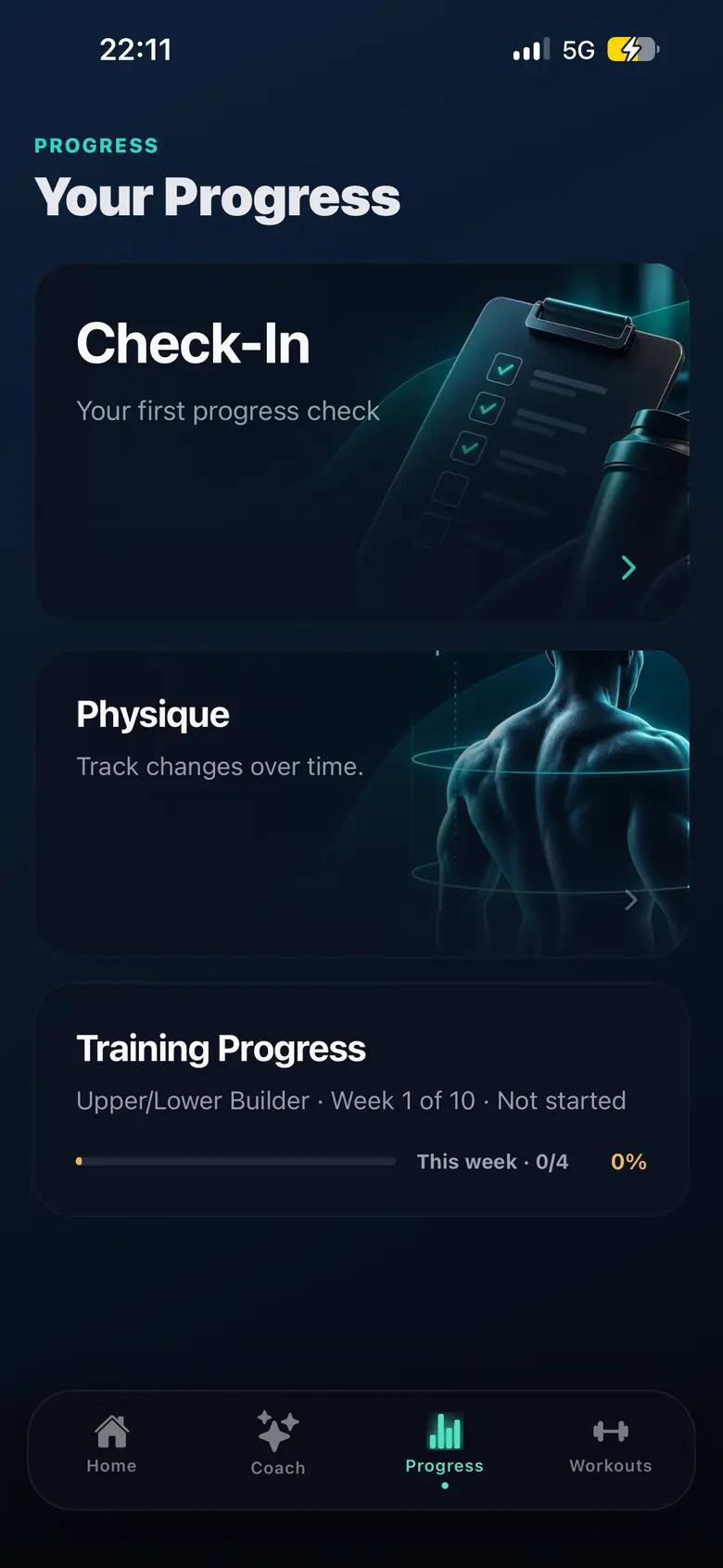 NoxaFit Progress tab with Check-In, Physique, and Training Progress for Upper/Lower Builder at week 1 of 10.