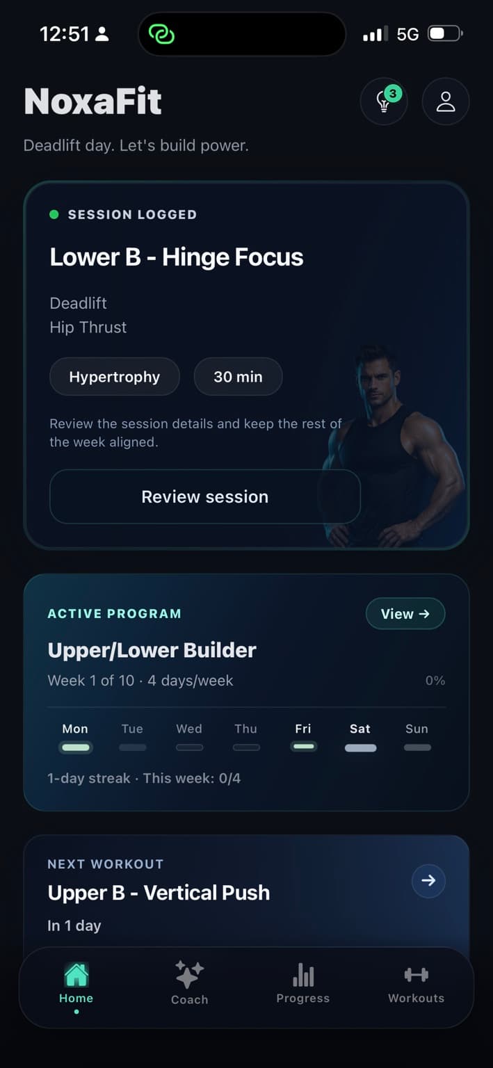 NoxaFit app home screen with workout progress and training overview