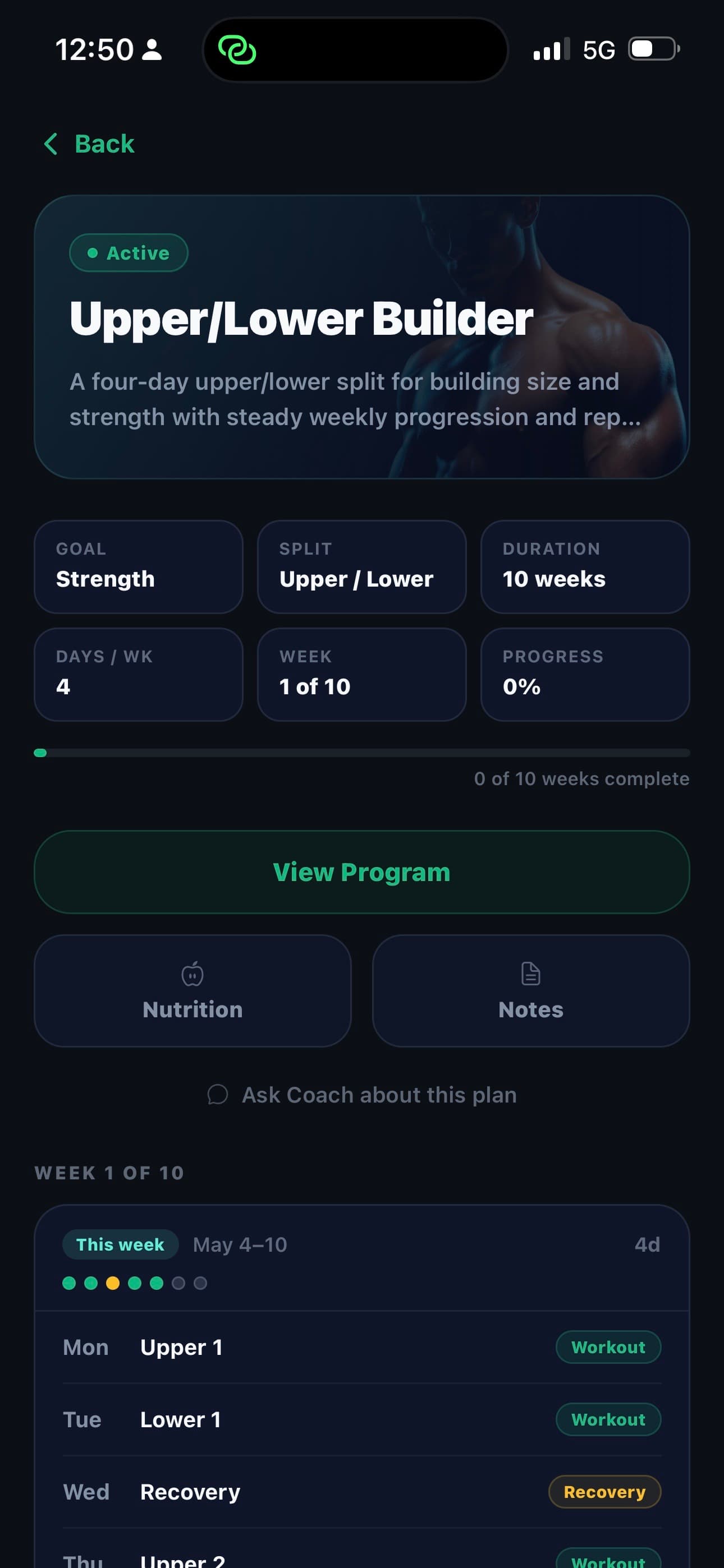 NoxaFit workout plan screen with structured training sessions