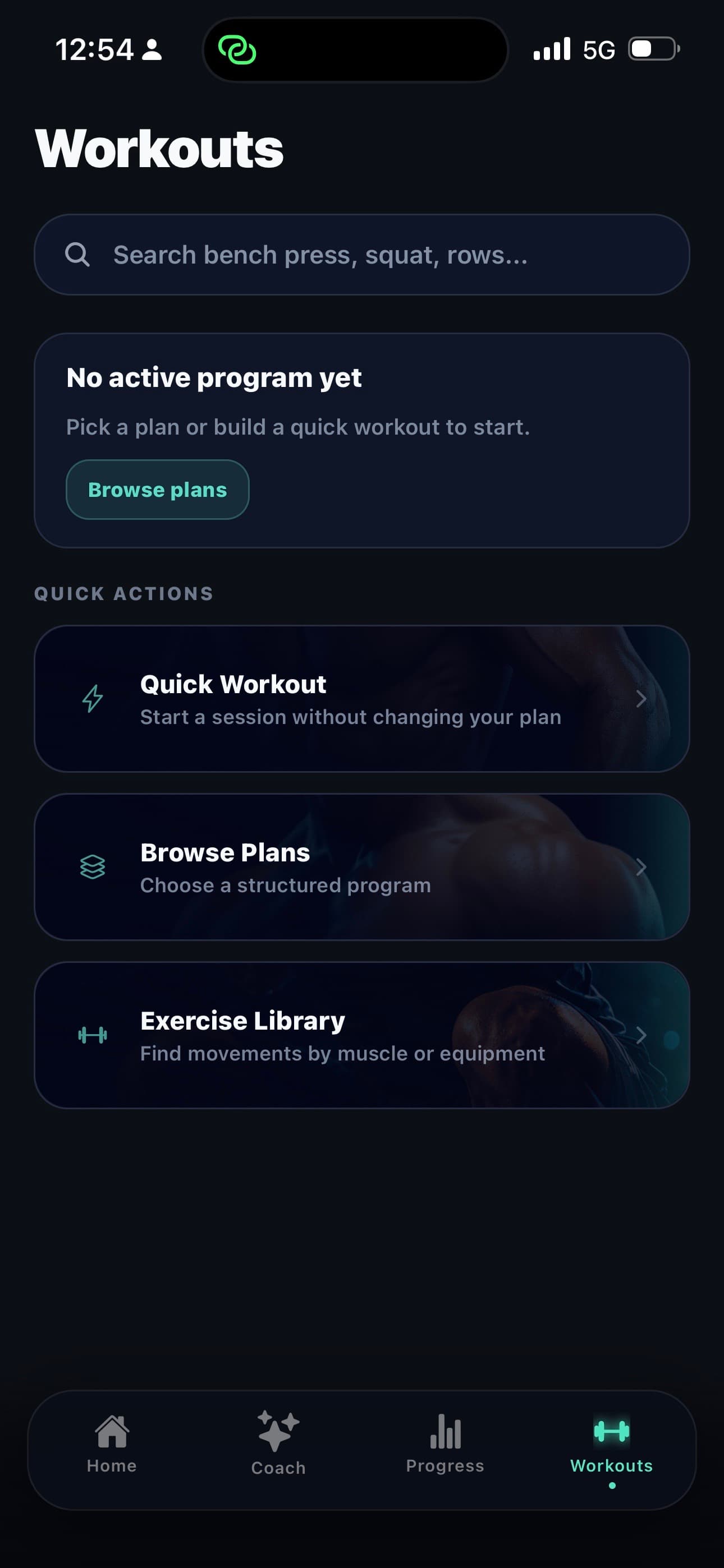 NoxaFit progress tracking screen showing workout history